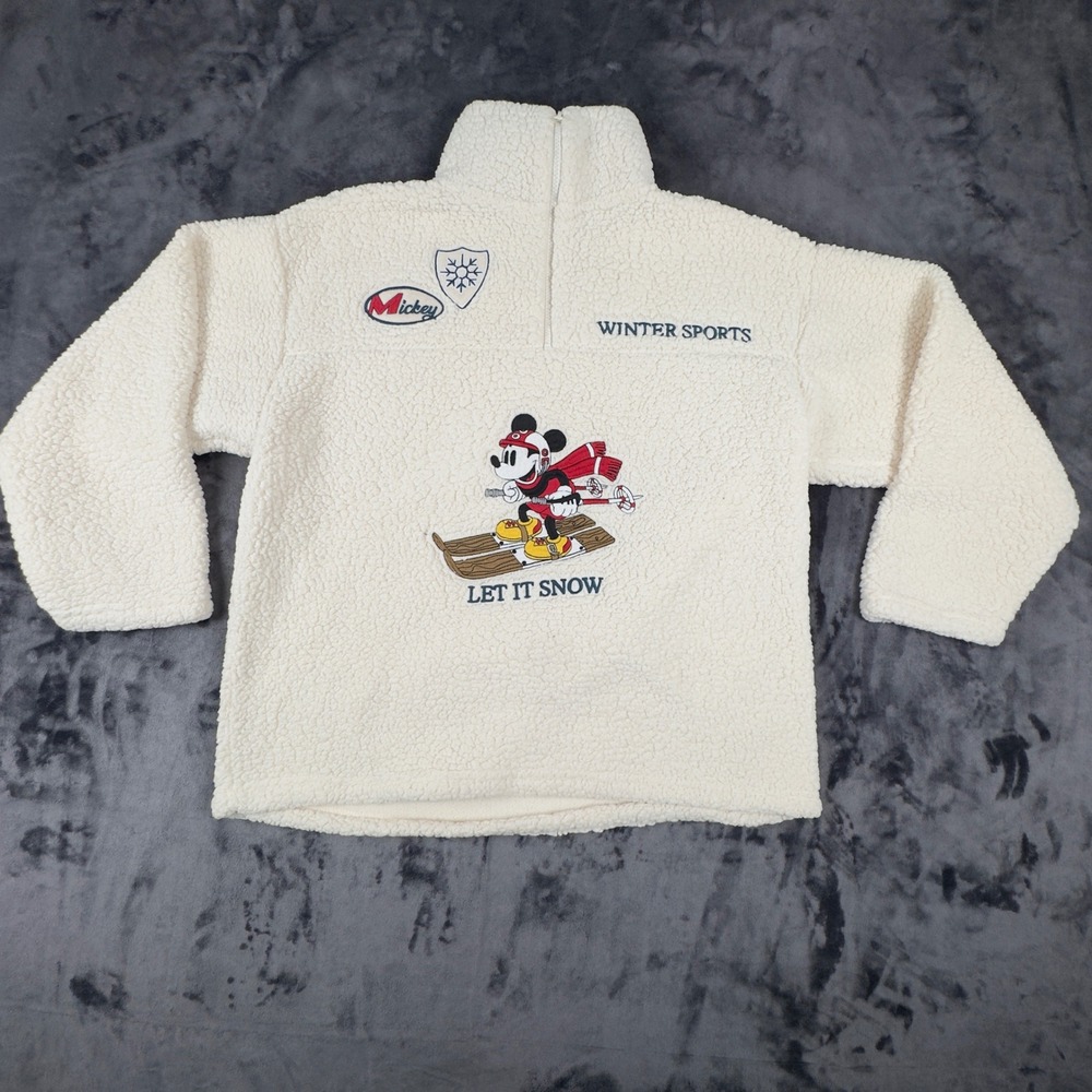 Disney Mickey Mouse Fleece Pullover Mens XL Off White Skiing Sherpa Quarter Zip